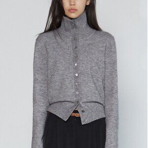 HIGH NECK BUTTON CARDIGAN MELANGE GRAY